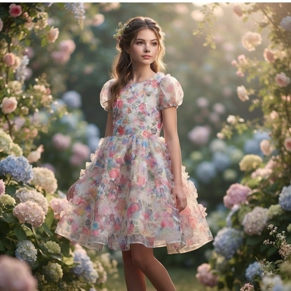 NWT Girl Rose Pink Floral Ruffle Short Sleeve Party Wedding Formal Dress Size 16